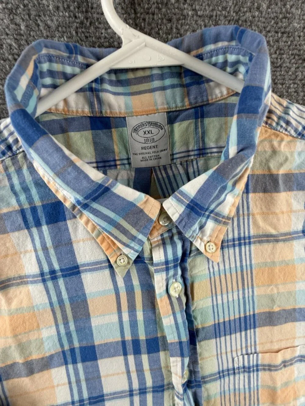 Brooks Brothers Beige Blue Plaid Button-Down 2XL Short Sleeve Regent Cotton Mens